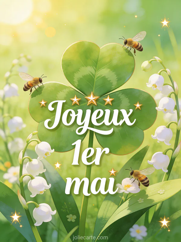 Illustration d'un trèfle à quatre feuilles géant entouré de brins de muguet avec des abeilles butinant