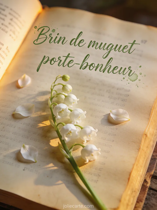 Brin de muguet posé sur un livre ouvert ancien aux pages jaunies avec lumière chaude latérale