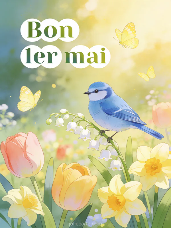 Illustration d'une mésange bleue perchée sur un brin de muguet dans un jardin fleuri de tulipes et narcisses