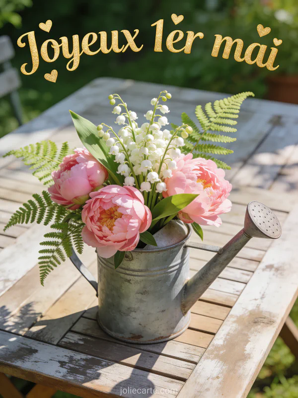 Arrangement floral de muguet et pivoines roses dans un arrosoir en zinc vintage sur table de jardin en bois
