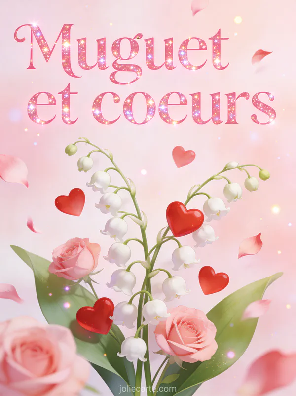 Illustration de brins de muguet entrelacés avec des cœurs rouges et roses flottants sur fond rose poudré