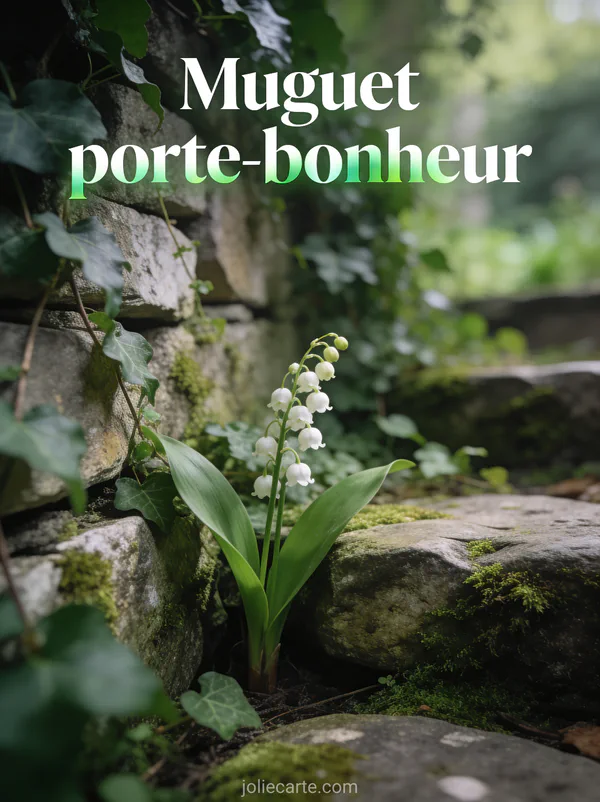 Muguet poussant entre les pierres d'un vieux mur de jardin avec lierre mousse et lumière tamisée