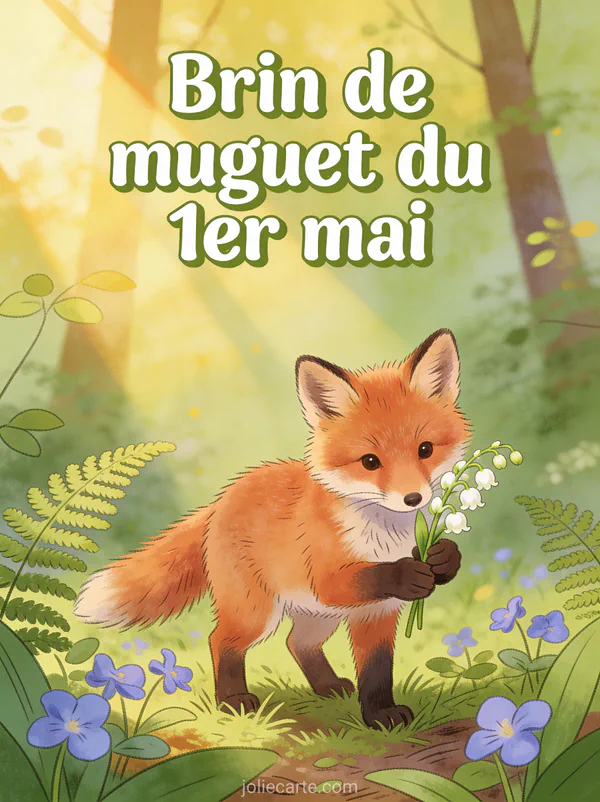 Illustration d'un petit renard roux tenant un brin de muguet dans un sous-bois printanier avec fougères
