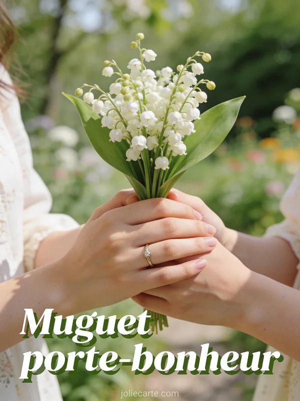 Petit bouquet de muguet tenu dans deux mains jointes avec lumière naturelle douce et jardin en arrière-plan