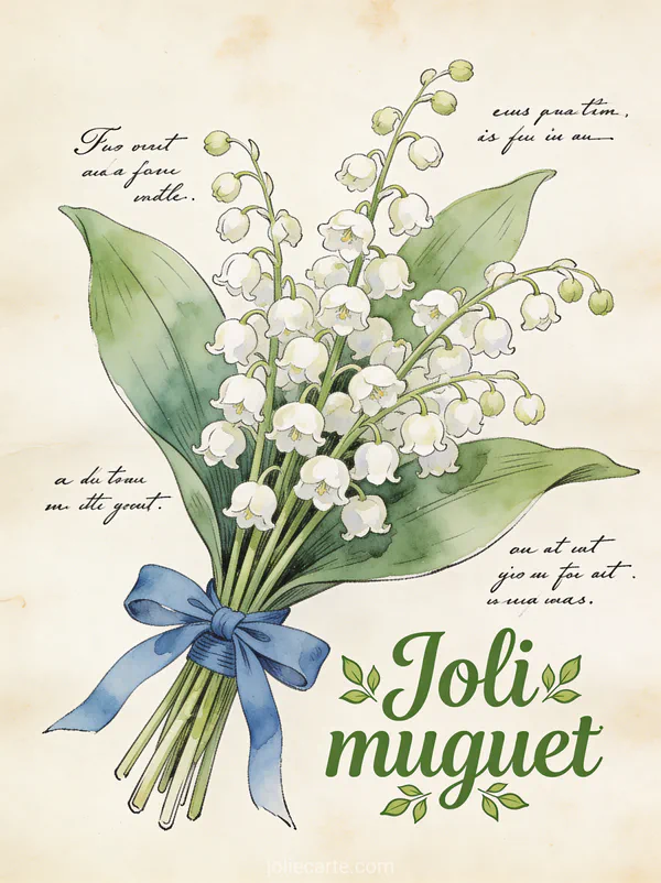 Dessin à l'encre et aquarelle d'un bouquet de muguet avec ruban bleu style planche botanique vintage