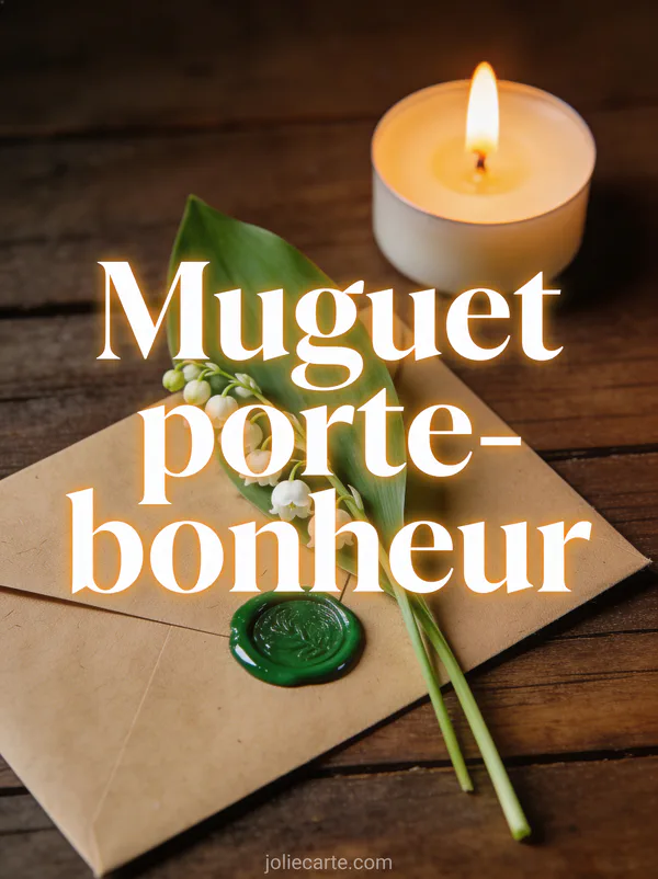 Brin de muguet posé sur une enveloppe kraft cachetée à la cire verte avec bougie allumée en arrière-plan