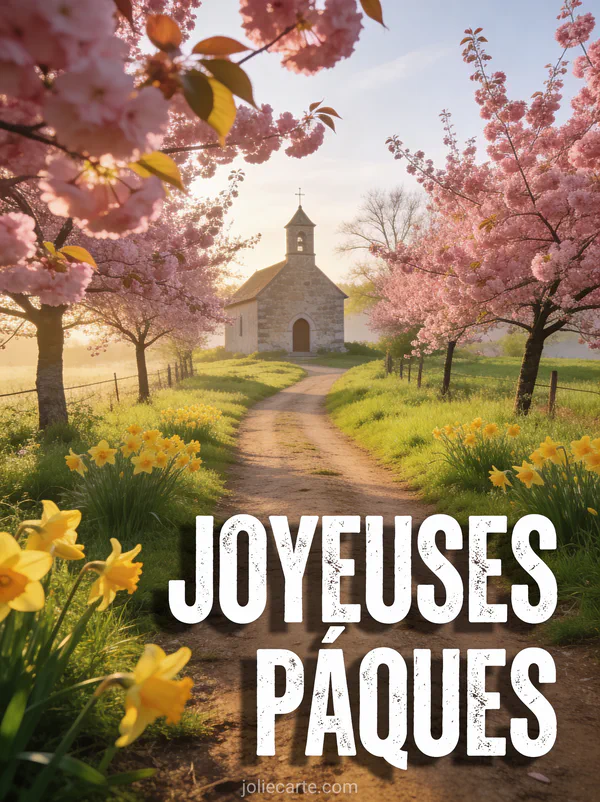Chemin de campagne bordé de cerisiers en fleurs menant vers une église avec des jonquilles et le texte JOYEUSE PÂQUES