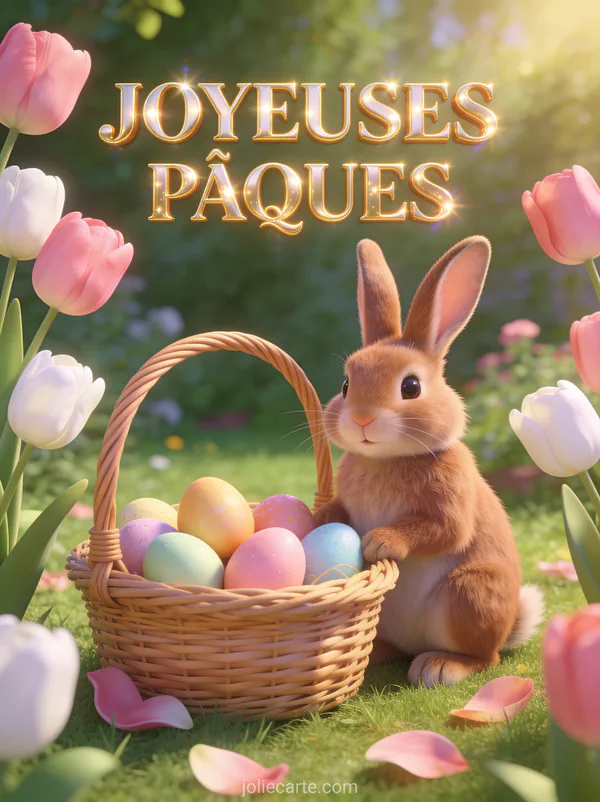Lapin brun aux longues oreilles à côté d'un panier d'œufs colorés entouré de tulipes roses avec le texte JOYEUSE PÂQUES
