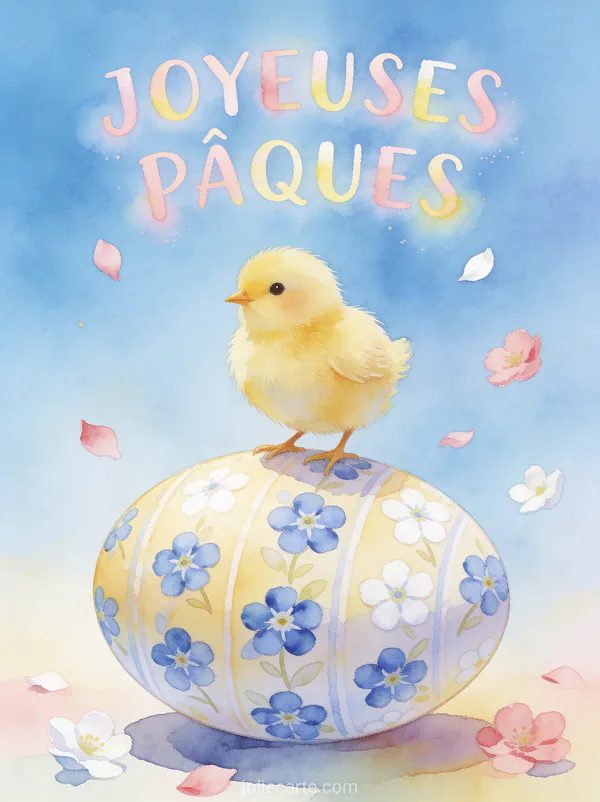 Petit poussin jaune duveteux debout sur un œuf de Pâques géant décoré de myosotis avec pétales volant et le texte JOYEUSE PÂQUES