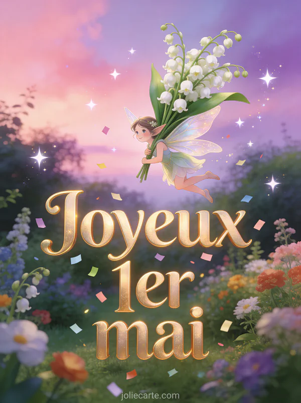 Illustration féerique d'une fée ailée portant un brin de muguet géant au-dessus d'un jardin fleuri au crépuscule