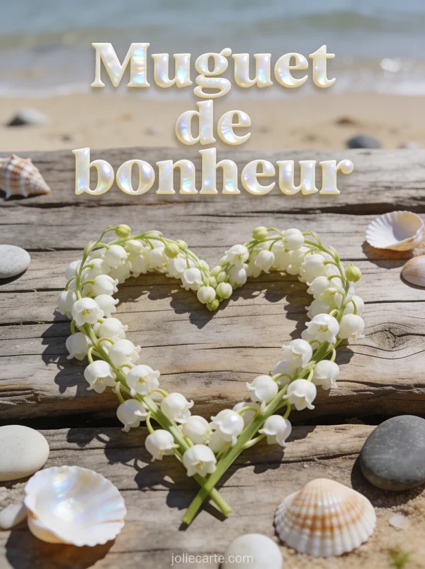 Muguet disposé en forme de cœur sur une planche de bois flotté avec coquillages et galets