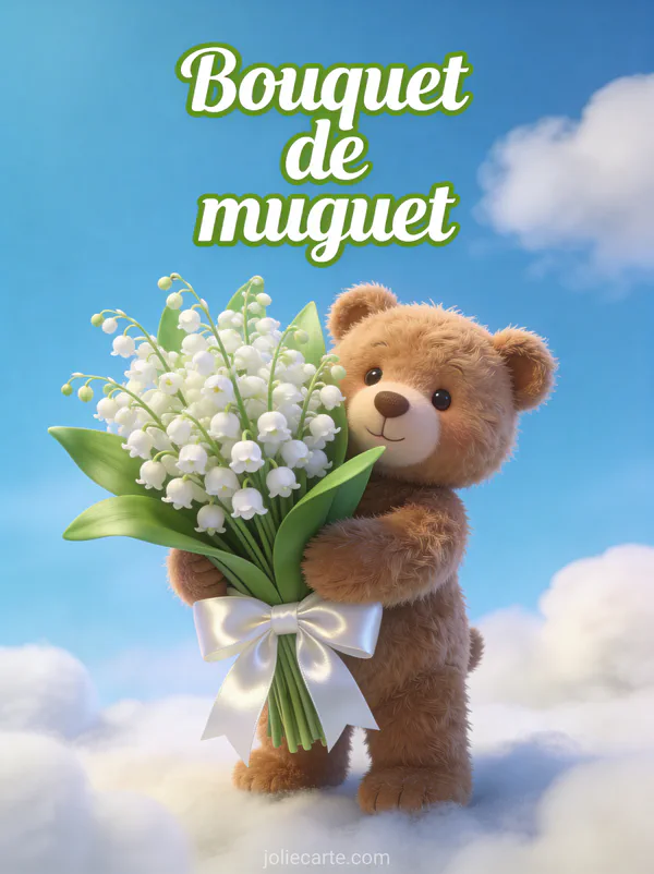 Illustration 3D d'un ours en peluche marron tenant un gros bouquet de muguet avec nœud en satin blanc