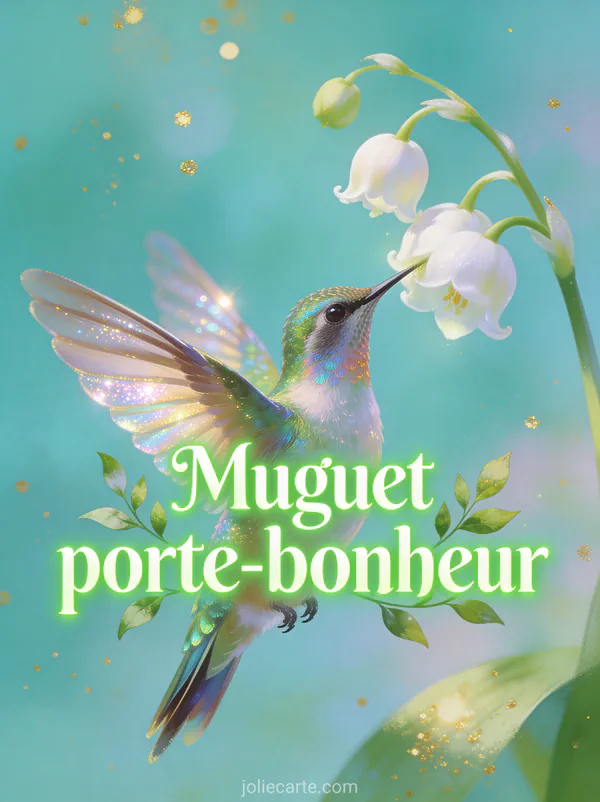 Illustration d'un colibri aux plumes irisées butinant une clochette de muguet sur fond turquoise pastel