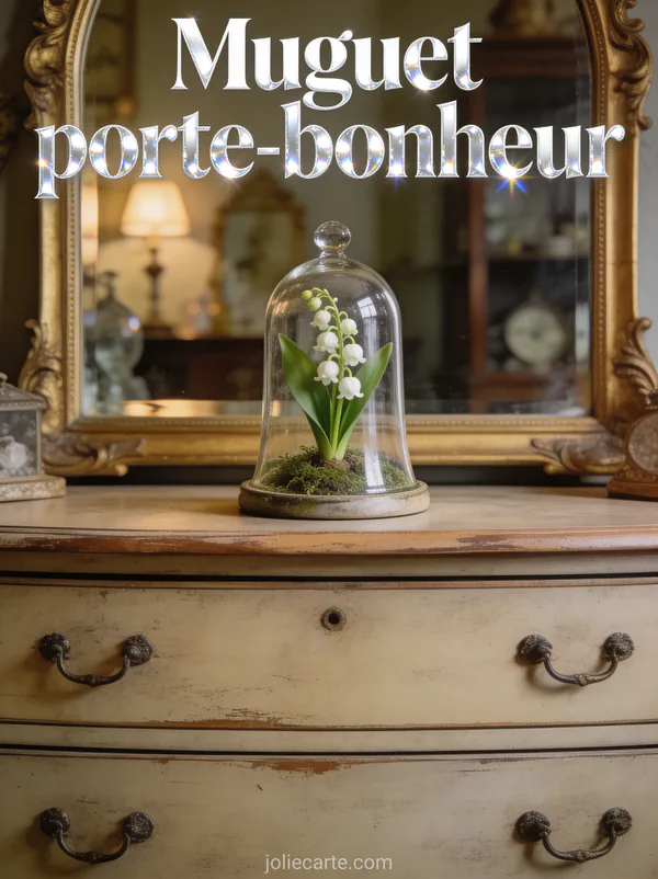 Muguet dans une cloche en verre posée sur une commode ancienne avec miroir doré en arrière-plan