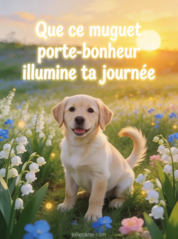 Illustration d'un petit labrador assis dans un champ de muguet avec soleil couchant doré et prairie en fleurs