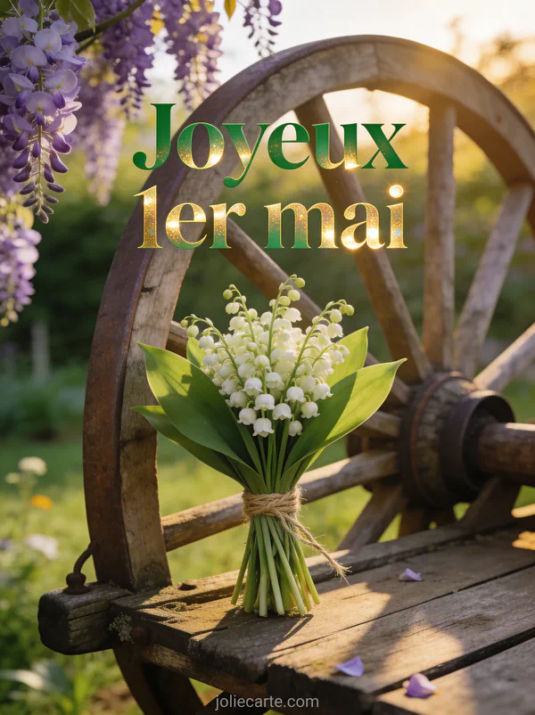 Bouquet de muguet attaché avec ficelle naturelle posé sur une charrette en bois dans un jardin avec glycine