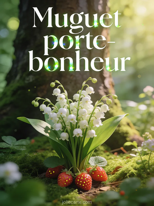 Muguet avec fraises des bois dans un sous-bois printanier avec mousse verte et lumière filtrée chaude