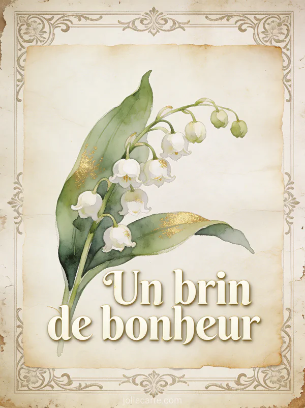 Illustration style carte postale ancienne d'un brin de muguet peint à l'aquarelle avec touches d'or et cadre ornemental