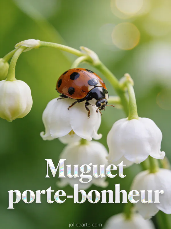 Macro photo d'une coccinelle à sept points posée sur une clochette de muguet avec bokeh vert en fond