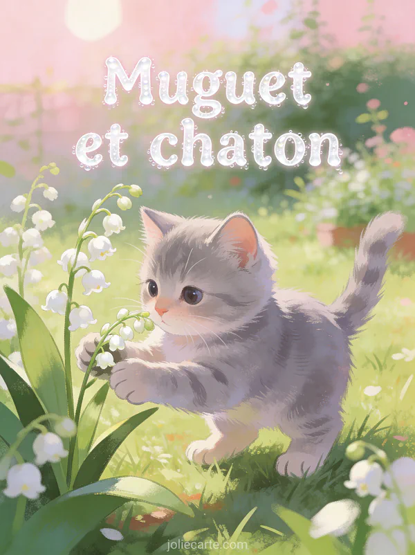Illustration d'un chat british shorthair gris aux yeux dorés reniflant un brin de muguet sur un coussin bordeaux