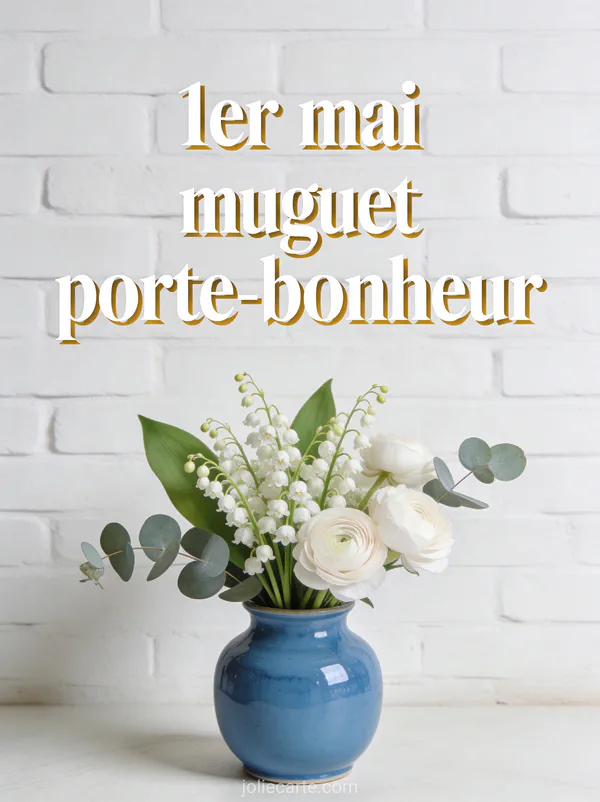 Composition florale de muguet renoncules blanches et eucalyptus dans un vase en céramique bleu style scandinave