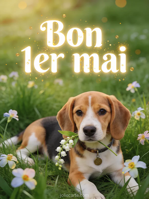 Illustration d'un chiot beagle couché dans l'herbe avec un brin de muguet à son collier et pâquerettes