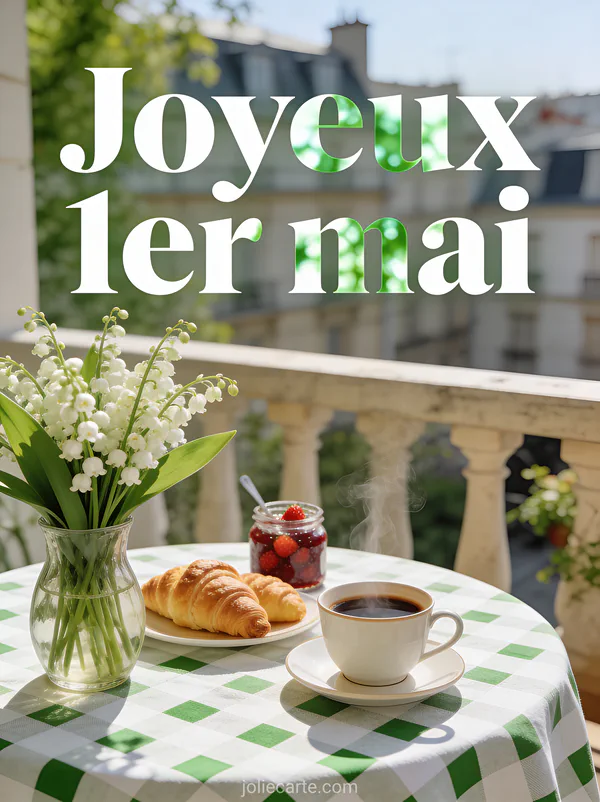 Table de petit-déjeuner en terrasse avec vase de muguet croissants café fumant et nappe à carreaux verts
