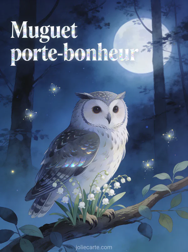 Illustration nocturne d'une chouette effraie perchée sur une branche avec du muguet et des lucioles