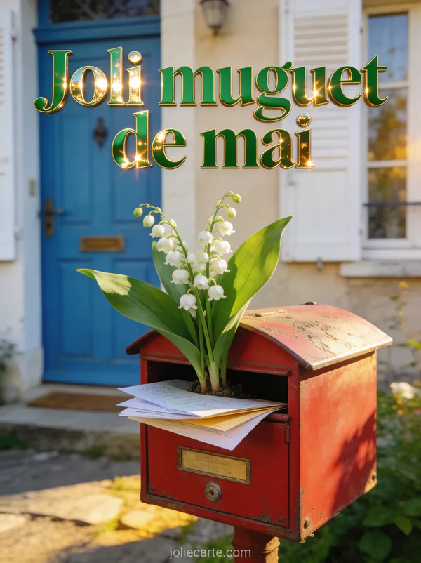 Muguet planté dans une boîte aux lettres vintage rouge avec porte de maison bleue et volets blancs