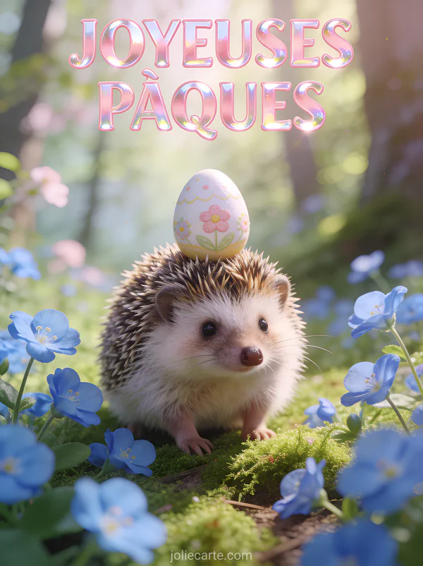 Adorable hérisson portant un œuf de Pâques décoré sur son dos entouré de pervenches dans un sous-bois printanier