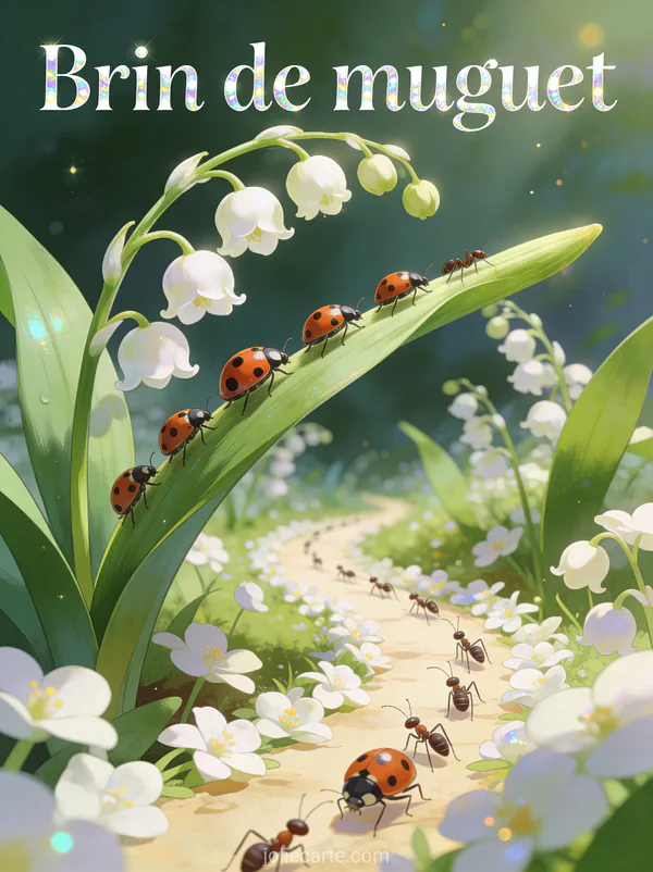 Illustration féérique d'un brin de muguet géant porté par une procession de coccinelles et fourmis