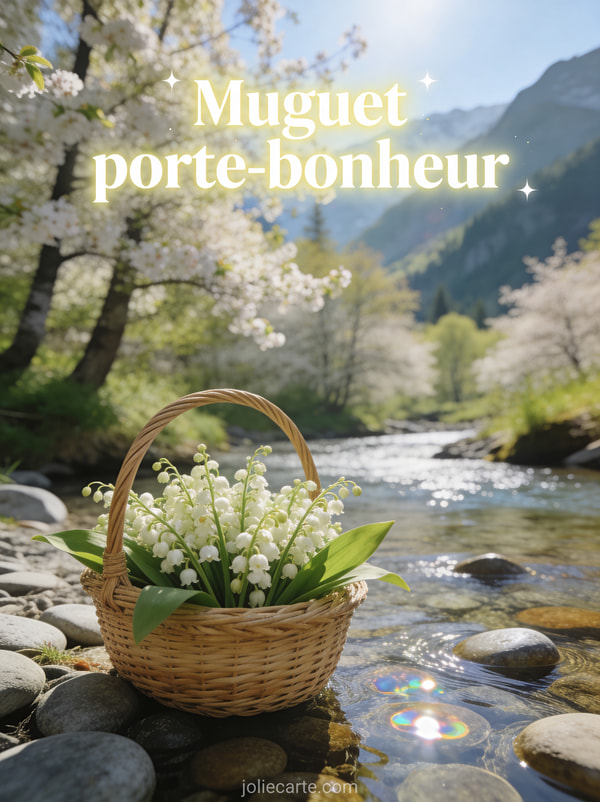 Panier tressé rempli de muguet posé au bord d'un ruisseau de montagne avec galets et eau claire