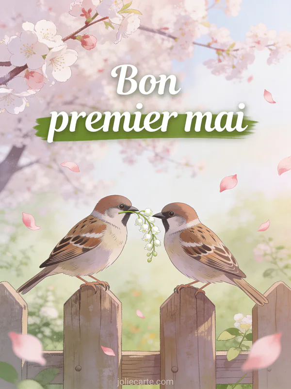 Illustration de deux moineaux se partageant un brin de muguet sur une clôture avec cerisier en fleurs