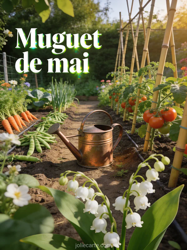 Muguet dans un jardin potager fleuri avec tuteurs en bambou et arrosoir en cuivre sous lumière dorée