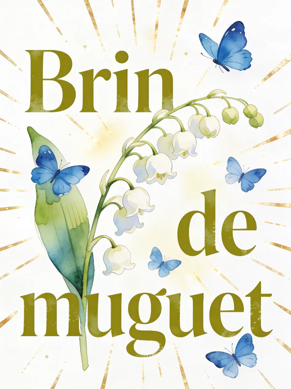 Dessin aquarelle d'un brin de muguet avec papillons bleus virevoltant sur fond blanc avec touches dorées