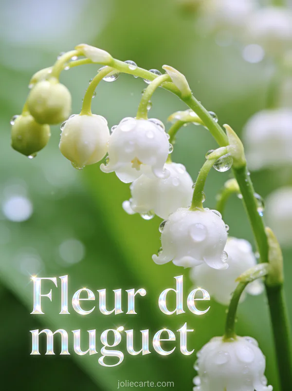Tiges de muguet dans un rayon de soleil perçant les nuages au-dessus d'un pré avec herbe mouillée de rosée