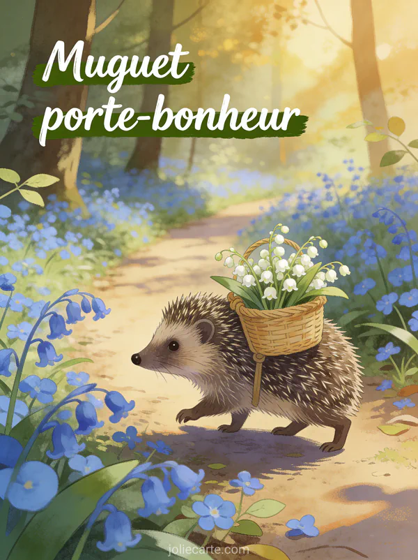 Illustration d'un hérisson portant un panier miniature de muguet sur son dos dans un sentier de pervenches