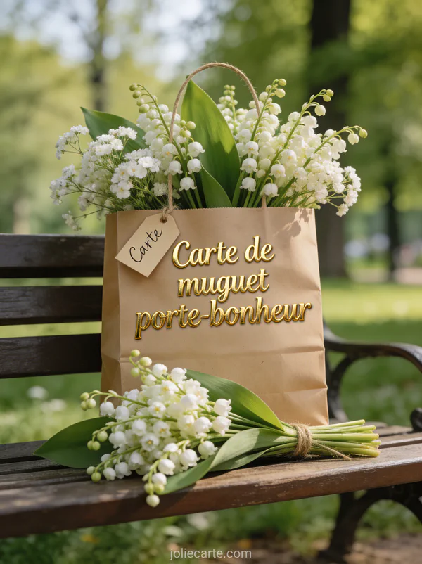 Bouquet de muguet et gypsophile dans un sac en papier kraft avec étiquette sur un banc de parc