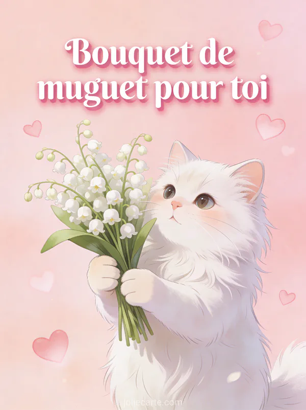 Illustration d'un chat blanc angora offrant un bouquet de muguet avec ses pattes sur fond rose avec cœurs