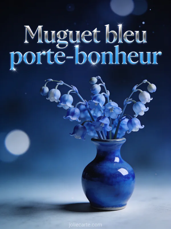 Muguet teinté bleu lavande dans un vase en céramique bleu cobalt sur fond bleu marine avec bokeh