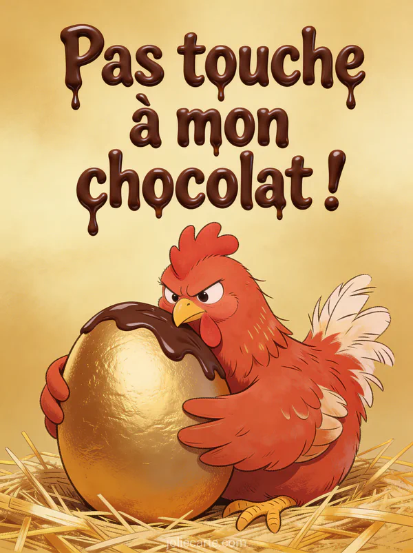 Poule rousse protégeant jalousement un gros œuf en chocolat doré avec plumes ébouriffées et le texte Pas touche à mon chocolat