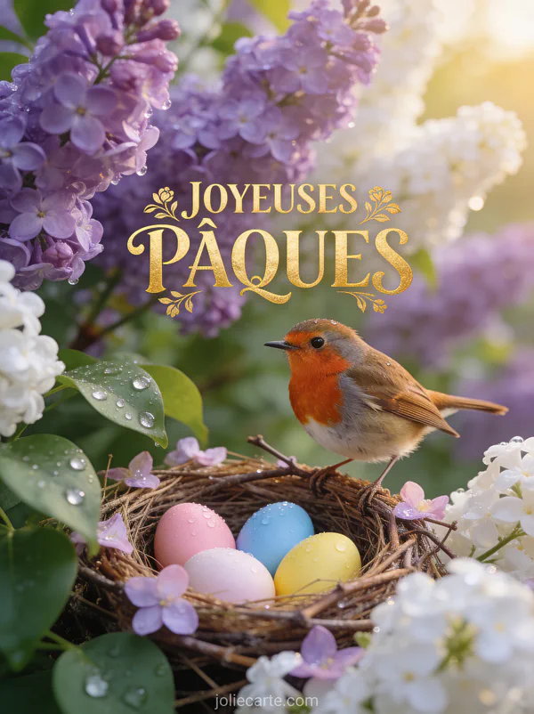 Rouge-gorge perché sur le bord d'un nid garni d'œufs pastel dans un buisson de lilas en fleurs avec le texte Joyeuses Pâques