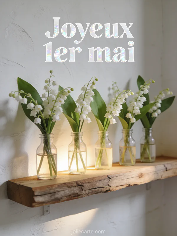 Muguet dans des petites fioles en verre alignées sur une étagère en bois flotté avec mur blanc