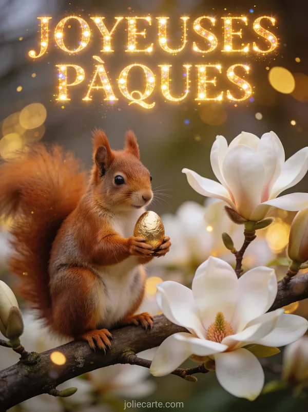 Écureuil roux tenant un petit œuf de Pâques doré assis sur une branche de magnolia en fleurs avec le texte Joyeuses Pâques