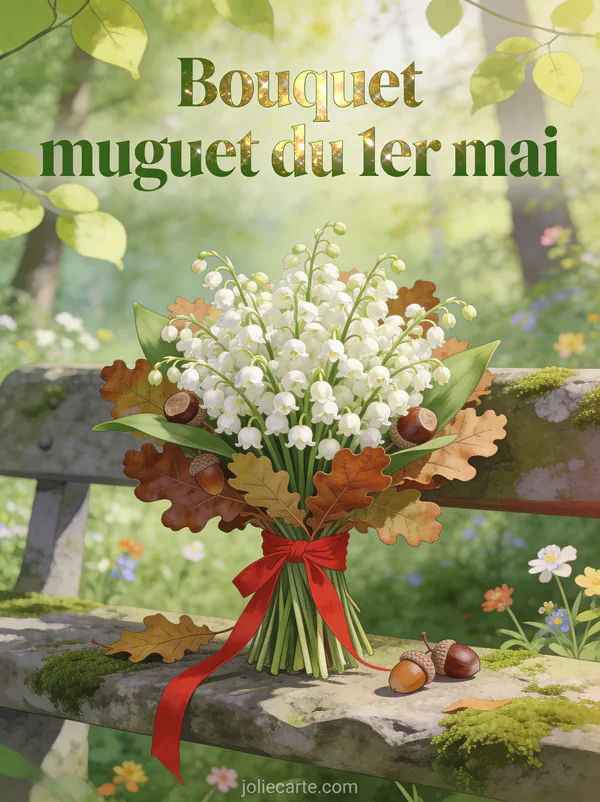 Illustration d'un bouquet de muguet avec feuilles de chêne et ruban rouge sur un banc de pierre moussu