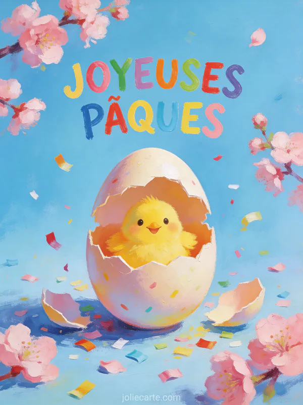 Gros œuf de Pâques ouvert révélant un petit poussin jaune souriant entouré de confettis et de fleurs de cerisier