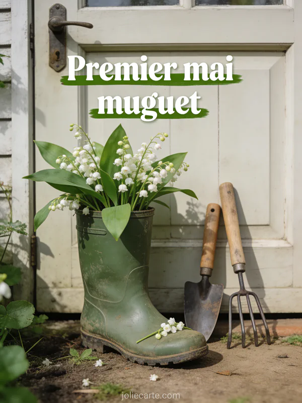 Muguet planté dans une vieille botte en caoutchouc verte à côté d'une porte de jardin avec outils