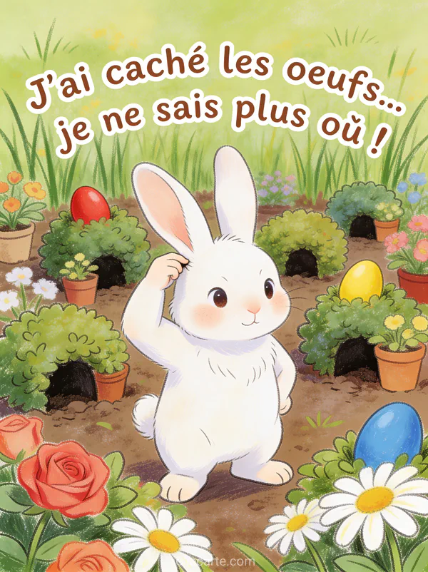 Lapin blanc perplexe se grattant l'oreille dans un jardin avec des œufs colorés mal cachés derrière des fleurs