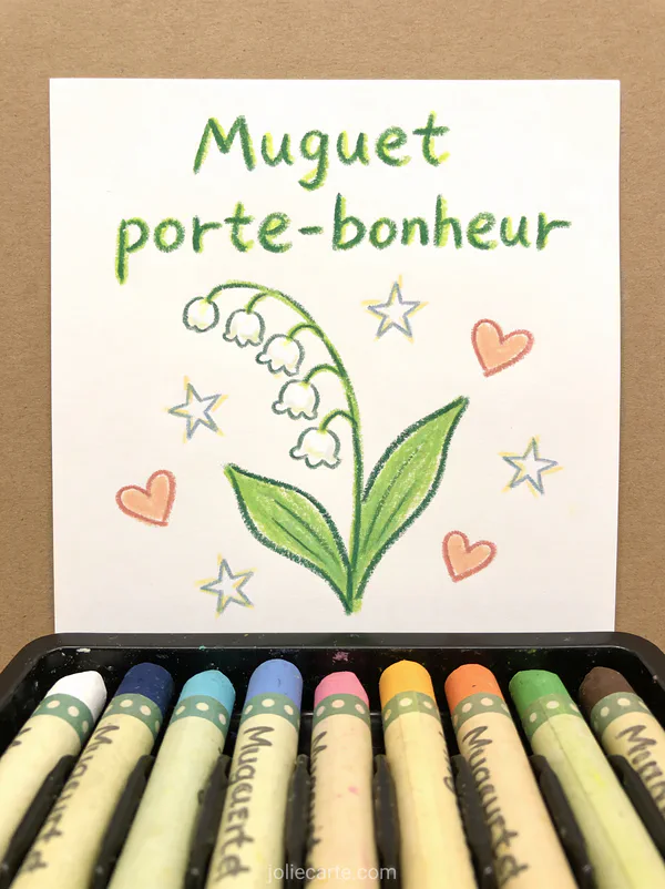 Dessin naïf au crayon de couleur d'un brin de muguet avec cœurs et étoiles sur papier à dessin blanc