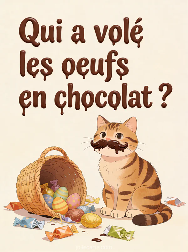 Chat tigré avec du chocolat sur les moustaches faisant l'innocent à côté d'un panier de Pâques renversé